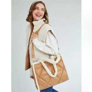 Shiraleah Quilted Shearling Trim Tote Bag - Tan